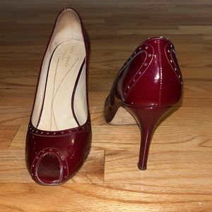 Kate Spade Red Giselle Oxford Patent Leather Peep Toe Stiletto Heels Pump
